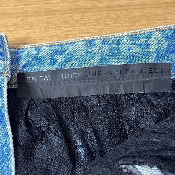 Ben Taverniti Unravel Project Blue Denim Black Lace A-Line Skirt Size 24 NWT - Picture 9 of 10